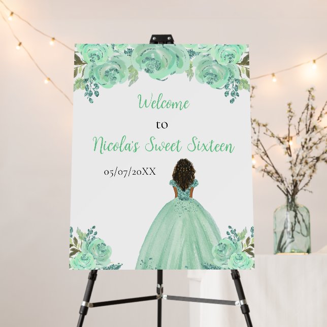 Dark Skin Princess Mint Sweet Sixteen Welcome Foam Board (In Situ (Stand))