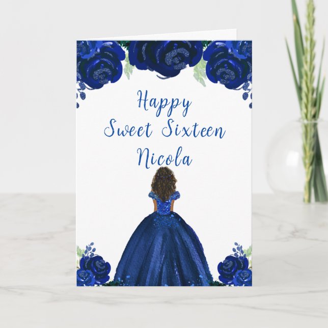 Dark Skin Princess Navy Blue Floral Sweet Sixteen Card (Front)
