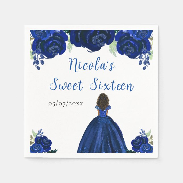 Dark Skin Princess Navy Blue Floral Sweet Sixteen Napkins (Front)