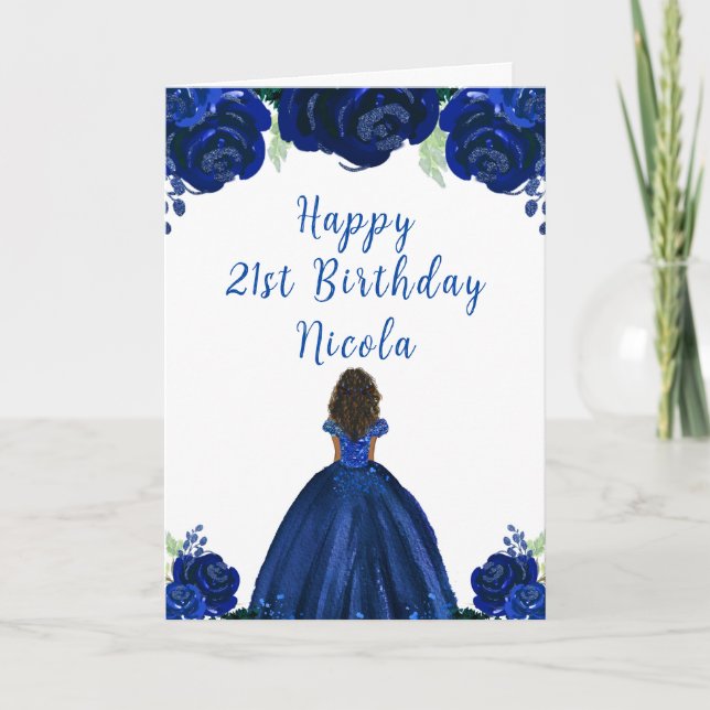 Dark Skin Princess Navy Floral Birthday Party Card (Front)