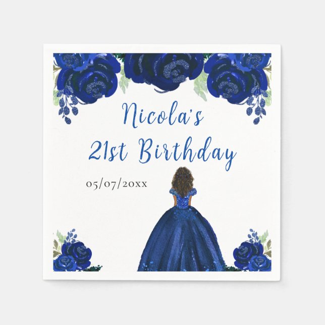 Dark Skin Princess Navy Floral Birthday Party Napkins (Front)