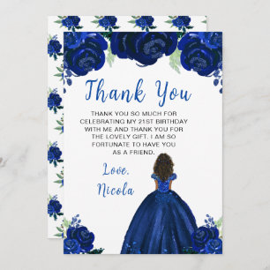 Dark Skin Princess Navy Floral Birthday Party Thank You Card