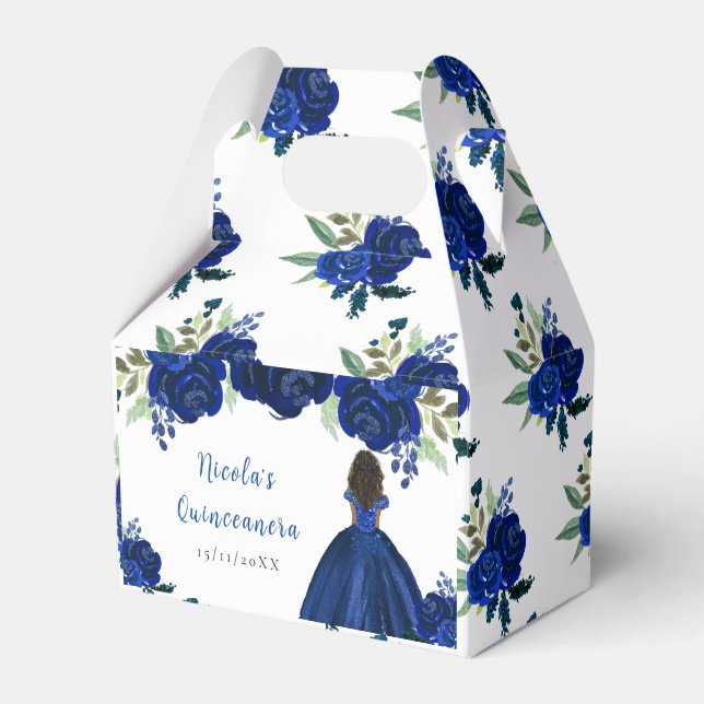 Dark Skin Princess Navy Floral Quinceanera Favor Boxes (Front Side)