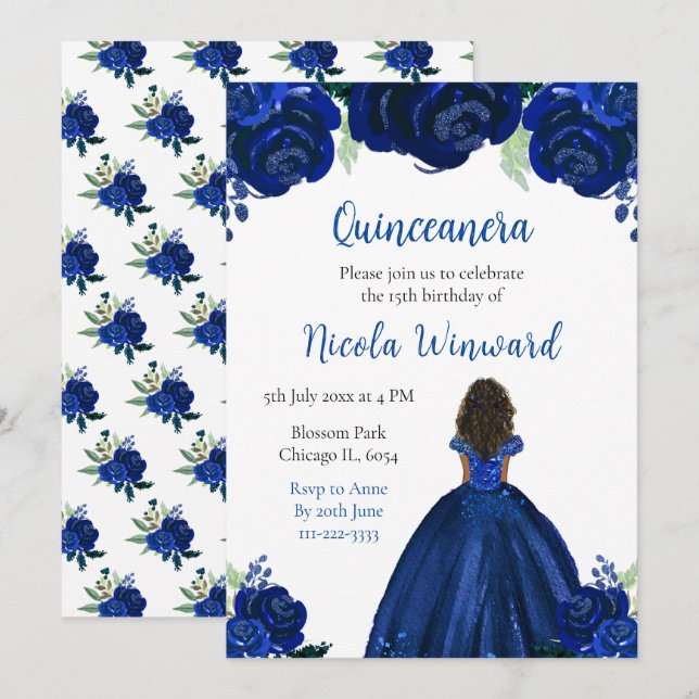 Dark Skin Princess Navy Floral Quinceanera Invitation (Front/Back)