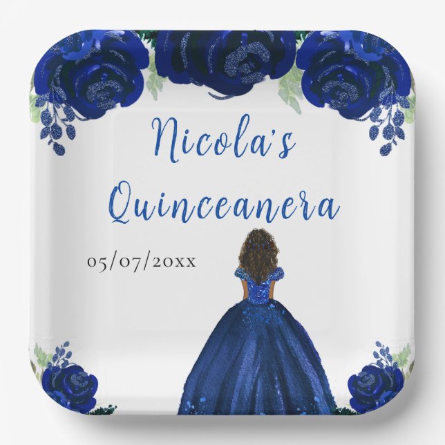 Dark Skin Princess Navy Floral Quinceanera Paper Plates (Front)