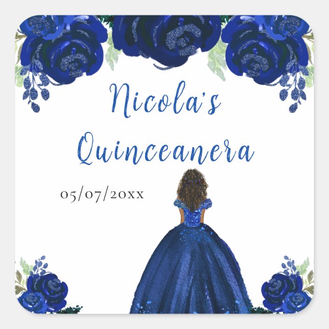 Dark Skin Princess Navy Floral Quinceanera Square Sticker (Front)