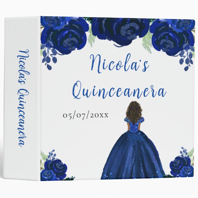 Dark Skin Princess Navy Quinceanera Photo Album 3 Ring Binder (Front/Spine)