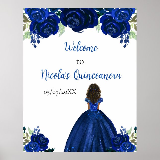 Dark Skin Princess Navy Quinceanera Welcome Poster (Front)