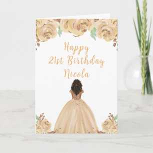 Dark Skin Princess Peach Floral Birthday Party Card