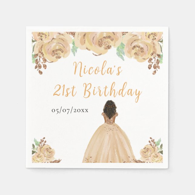 Dark Skin Princess Peach Floral Birthday Party Napkins (Front)