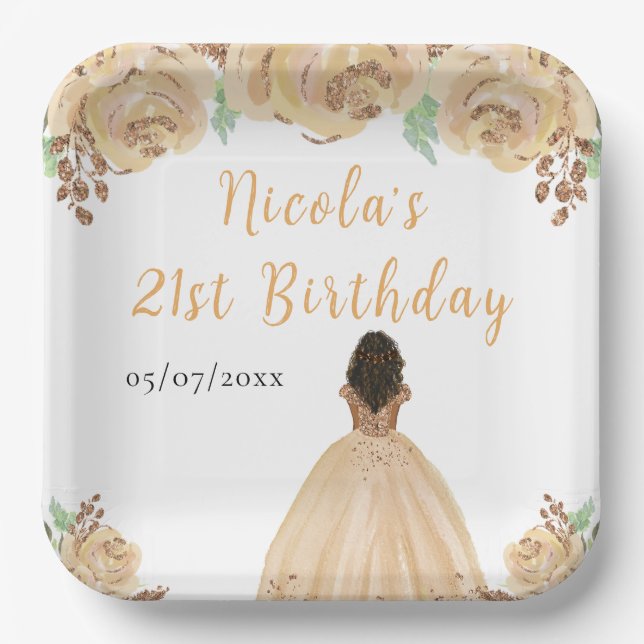 Dark Skin Princess Peach Floral Birthday Party Paper Plates (Front)