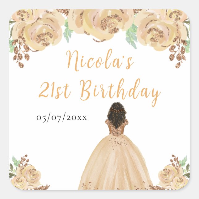 Dark Skin Princess Peach Floral Birthday Party Square Sticker (Front)