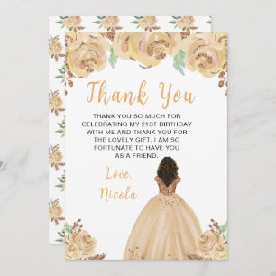 Dark Skin Princess Peach Floral Birthday Party Thank You Card