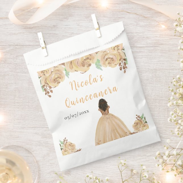 Dark Skin Princess Peach Floral Quinceanera Favor Bag (Clipped)