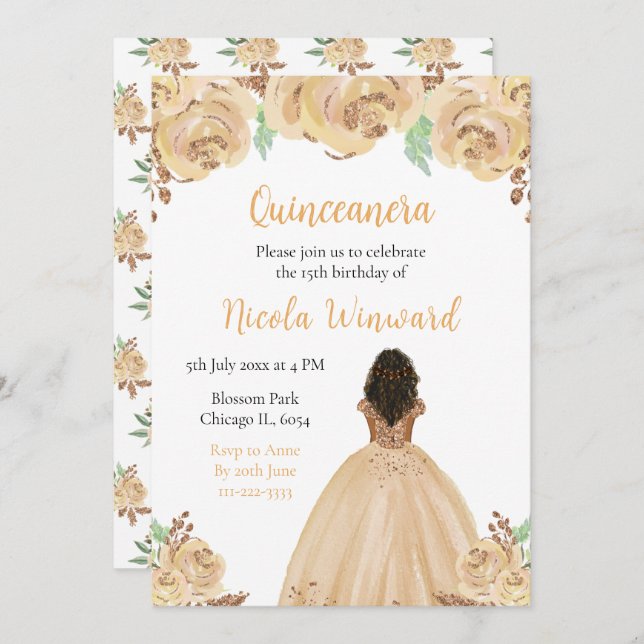 Dark Skin Princess Peach Floral Quinceanera Invitation (Front/Back)