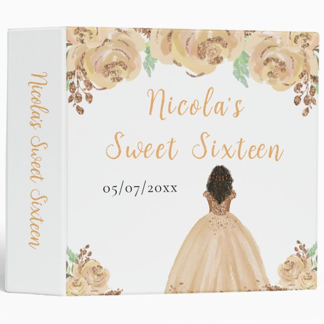 Dark Skin Princess Peach Floral Sweet Sixteen 3 Ring Binder (Front/Spine)