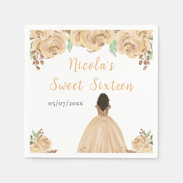 Dark Skin Princess Peach Floral Sweet Sixteen Napkins (Front)