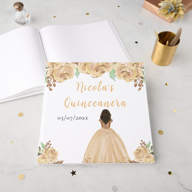 Dark Skin Princess Peach Quinceanera Guest Book (Front Open)