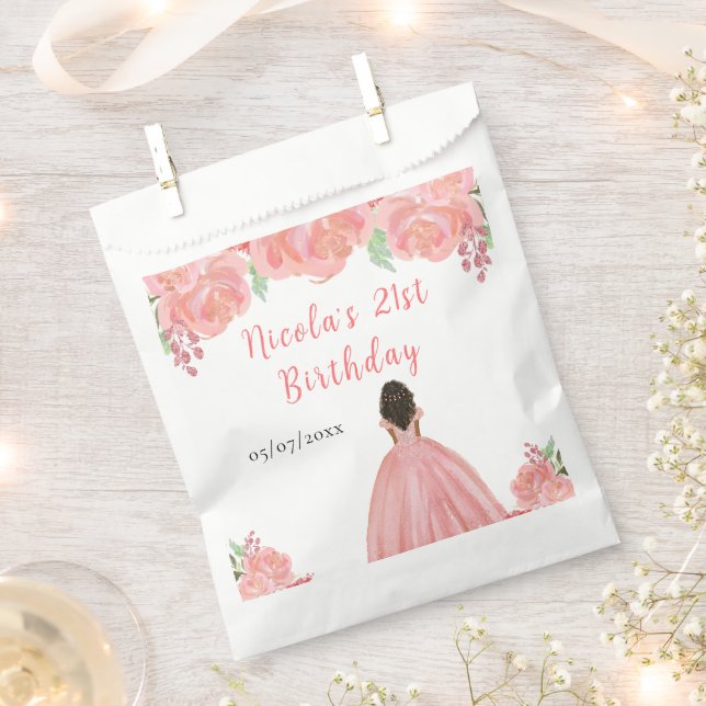 Dark Skin Princess Pink Floral Birthday Party Favor Bag (Clipped)
