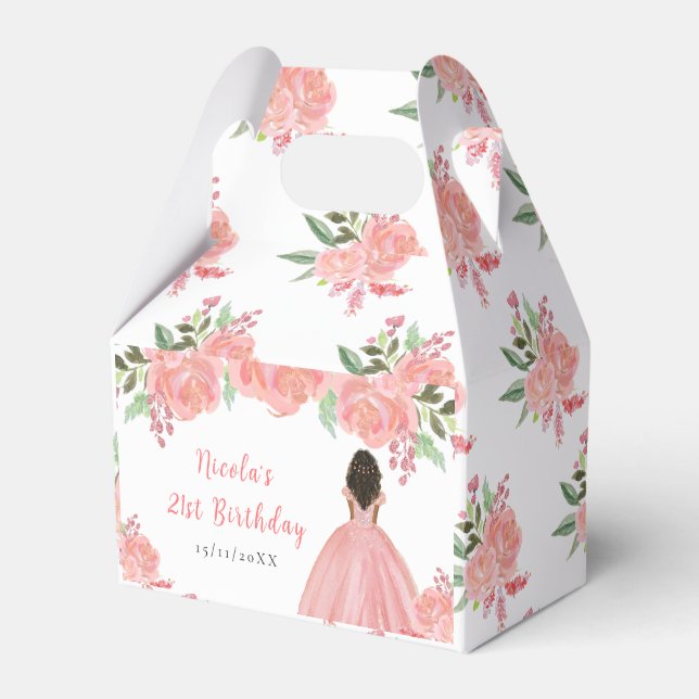 Dark Skin Princess Pink Floral Birthday Party Favor Boxes (Front Side)
