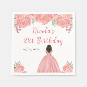 Dark Skin Princess Pink Floral Birthday Party Napkins