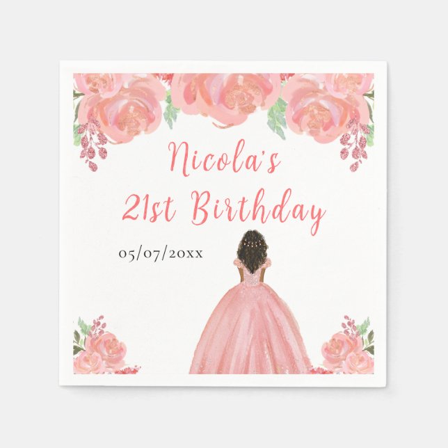 Dark Skin Princess Pink Floral Birthday Party Napkins (Front)