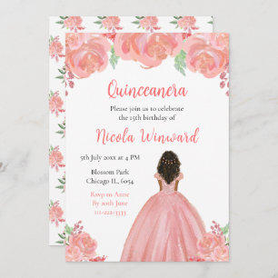Dark Skin Princess Pink Floral Quinceanera Invitation