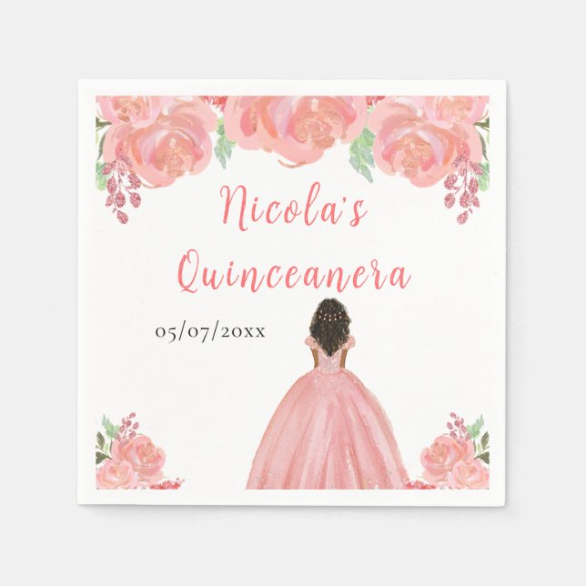 Dark Skin Princess Pink Floral Quinceanera Napkins (Front)