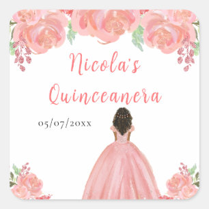 Dark Skin Princess Pink Floral Quinceanera Square Sticker