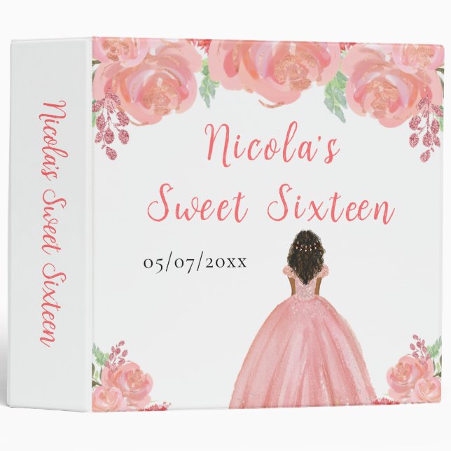 Dark Skin Princess Pink Floral Sweet Sixteen 3 Ring Binder (Front/Spine)