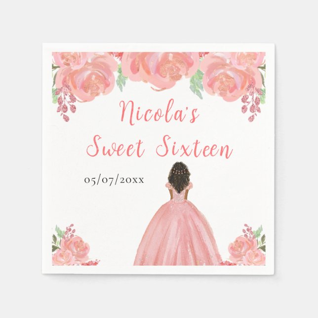 Dark Skin Princess Pink Floral Sweet Sixteen Napkins (Front)