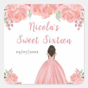 Dark Skin Princess Pink Floral Sweet Sixteen Square Sticker