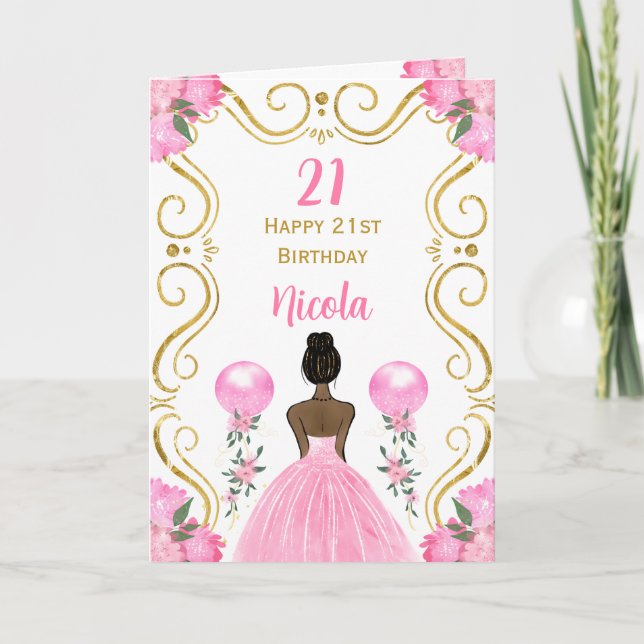 Dark Skin Princess Pink Happy Birthday Card (Front)