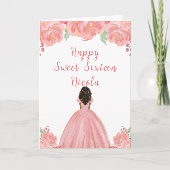 Dark Skin Princess Pink Sweet Sixteen Card (Front)