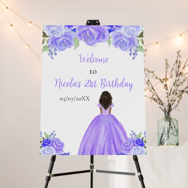 Dark Skin Princess Purple Birthday Welcome Foam Board (In Situ (Stand))