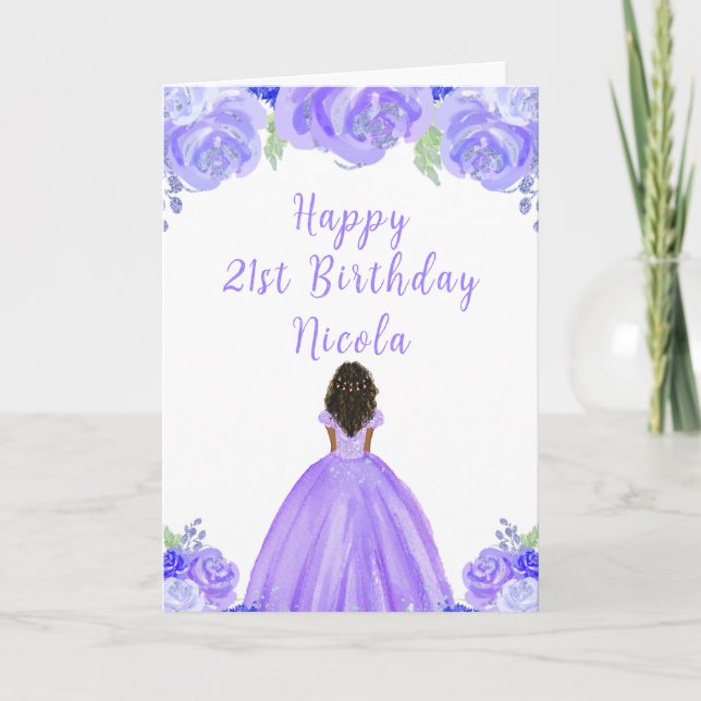 Dark Skin Princess Purple Floral Birthday Party Card (Front)