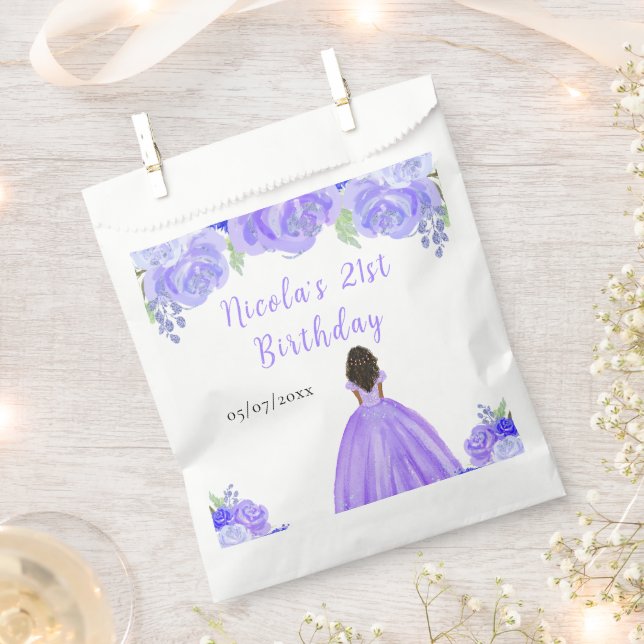 Dark Skin Princess Purple Floral Birthday Party Favor Bag (Clipped)