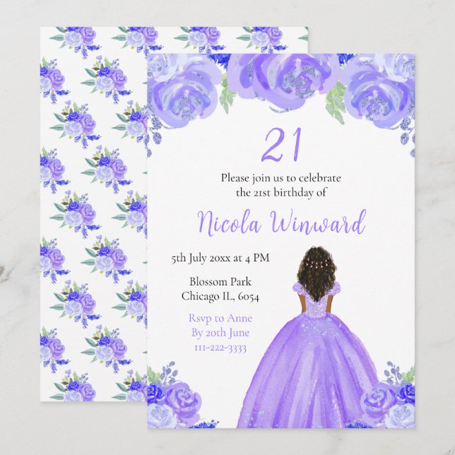 Dark Skin Princess Purple Floral Birthday Party Invitation (Front/Back)