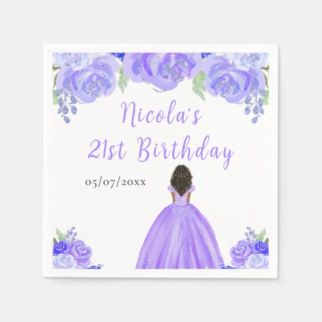 Dark Skin Princess Purple Floral Birthday Party Napkins (Front)