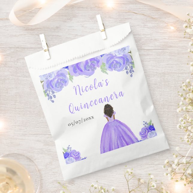 Dark Skin Princess Purple Floral Quinceanera Favor Bag (Clipped)