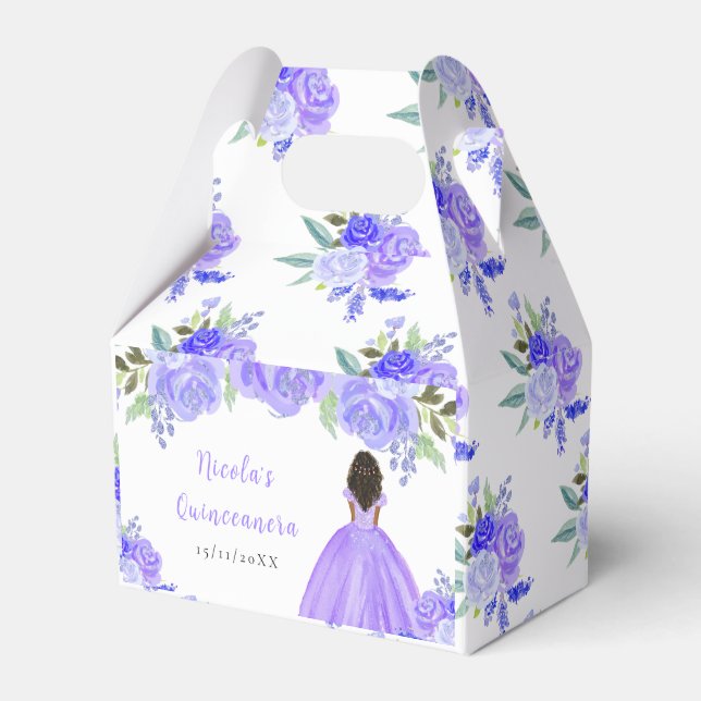 Dark Skin Princess Purple Floral Quinceanera Favor Boxes (Front Side)