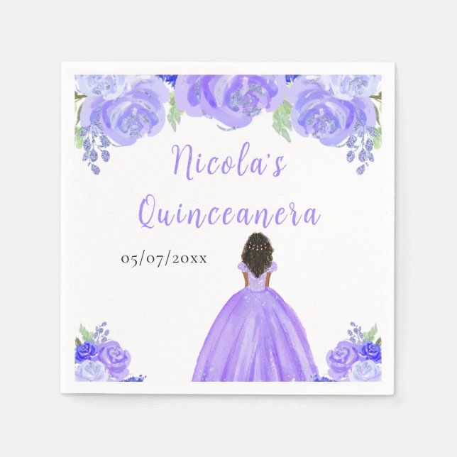Dark Skin Princess Purple Floral Quinceanera Napkins (Front)