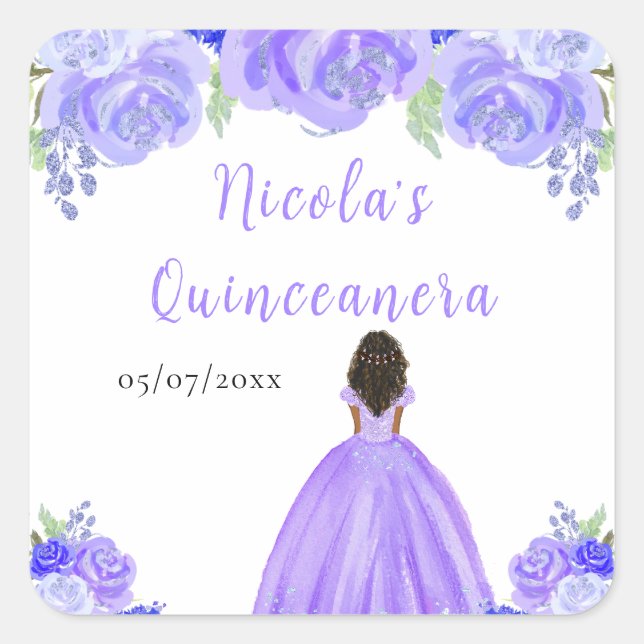 Dark Skin Princess Purple Floral Quinceanera Square Sticker (Front)