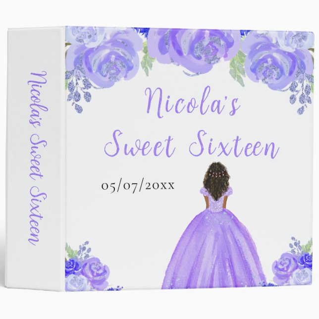 Dark Skin Princess Purple Floral Sweet Sixteen 3 Ring Binder (Front/Spine)
