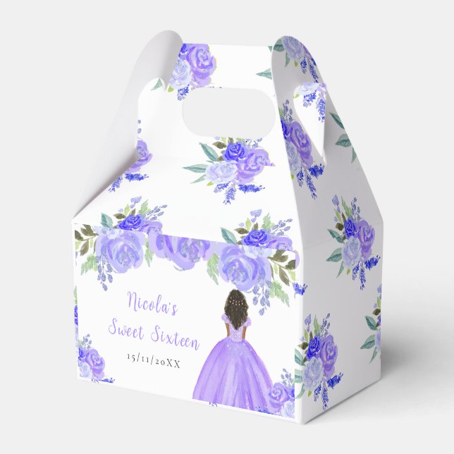 Dark Skin Princess Purple Floral Sweet Sixteen Favor Boxes (Front Side)