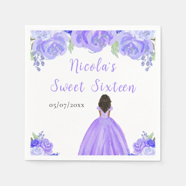Dark Skin Princess Purple Floral Sweet Sixteen Napkins (Front)