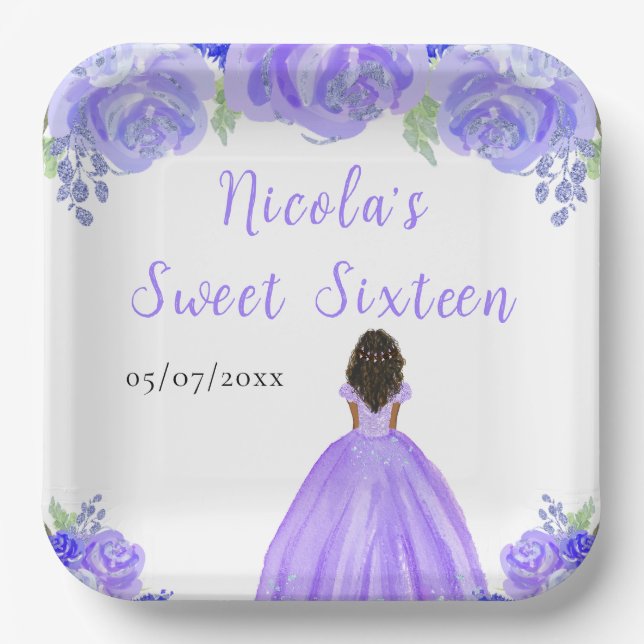 Dark Skin Princess Purple Floral Sweet Sixteen Paper Plates (Front)