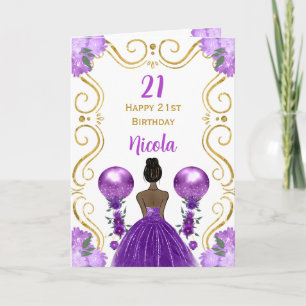 Dark Skin Princess Purple Happy Birthday Card