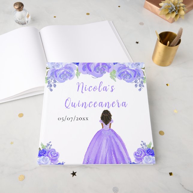 Dark Skin Princess Purple Quinceanera Guest Book (Front Open)