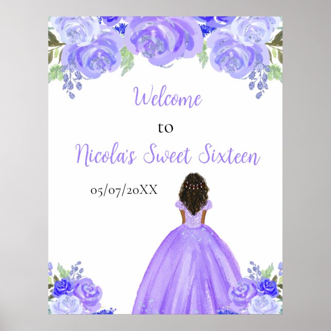 Dark Skin Princess Purple Sweet Sixteen Welcome Poster (Front)